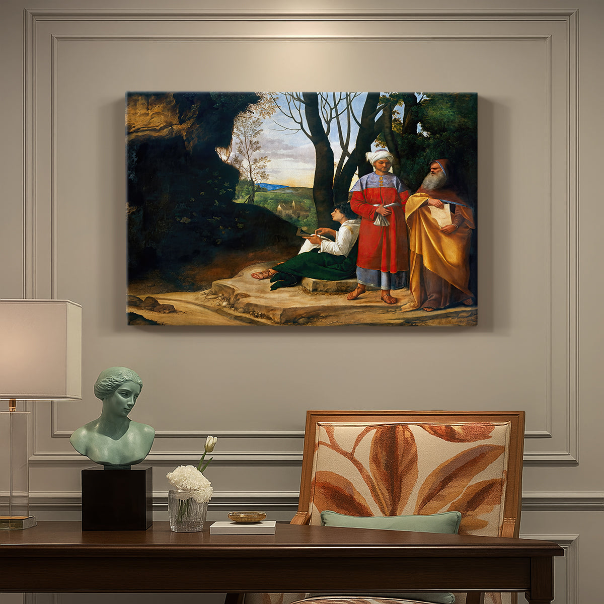 Canvas art print featuring three men standing outdoors in landscape engaged in thoughtful discussion, presented within a refined interior setting