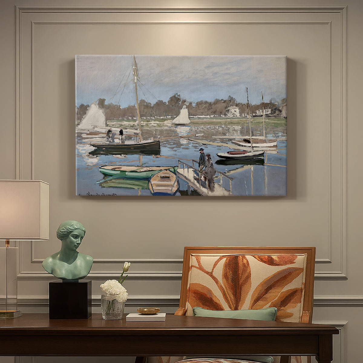 Canvas art print featuring sailboats gathered in calm basin with reflections on water, presented within a refined interior setting