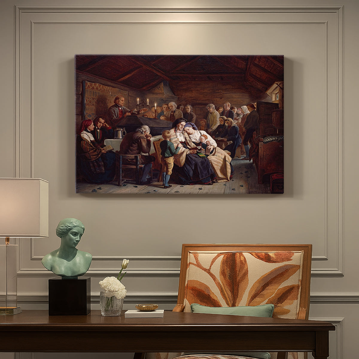 Canvas art print featuring a large gathering of villagers seated around tables during a funeral feast indoors, presented within a refined interior setting