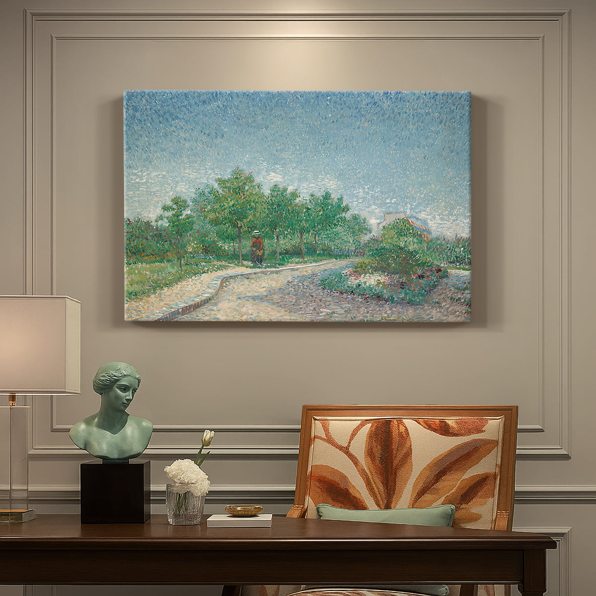 Canvas art print featuring an urban park with paths, trees, and figures under open sky, presented within a refined interior setting