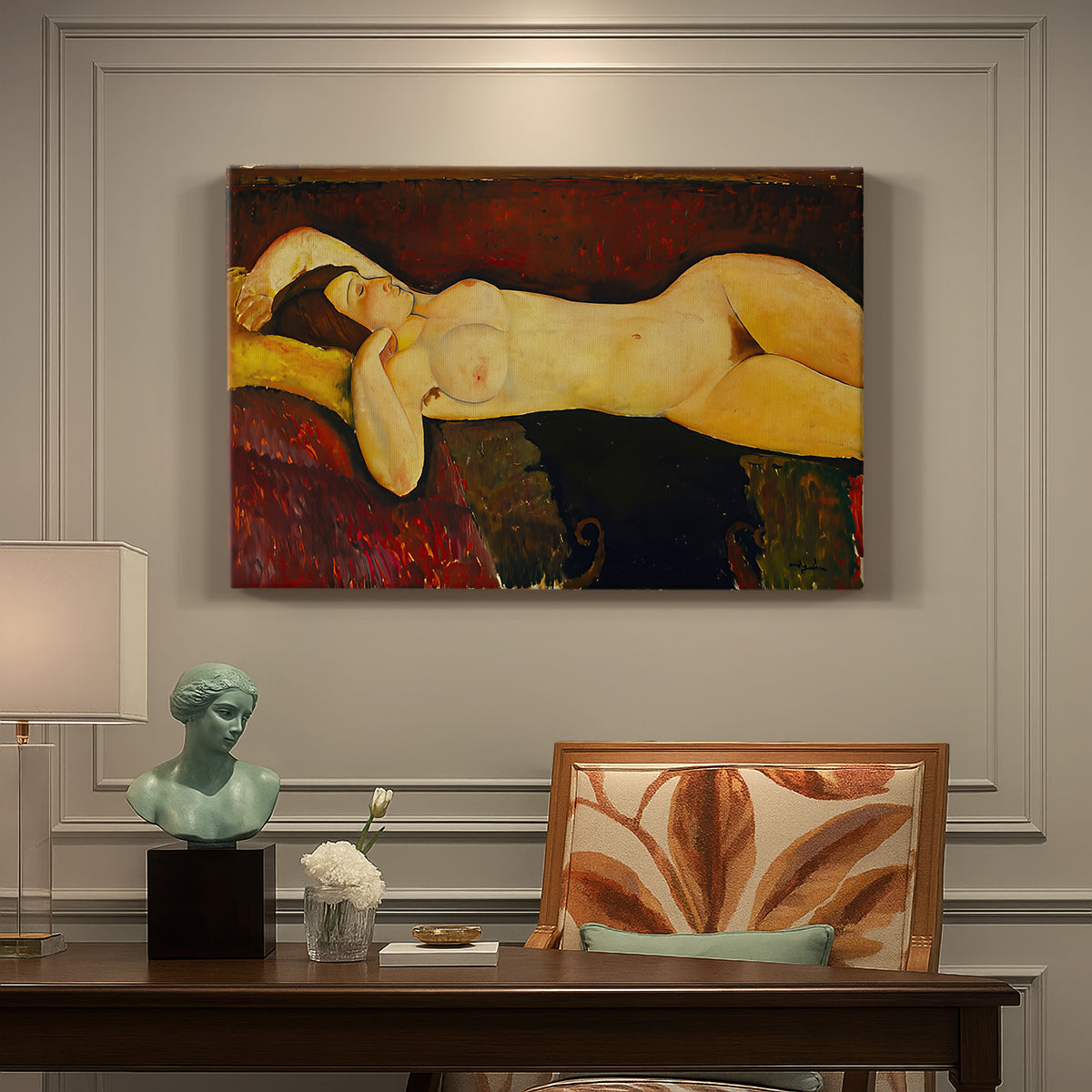 Canvas art print featuring a reclining nude woman with head turned and elongated body on draped surface, presented within a refined interior setting