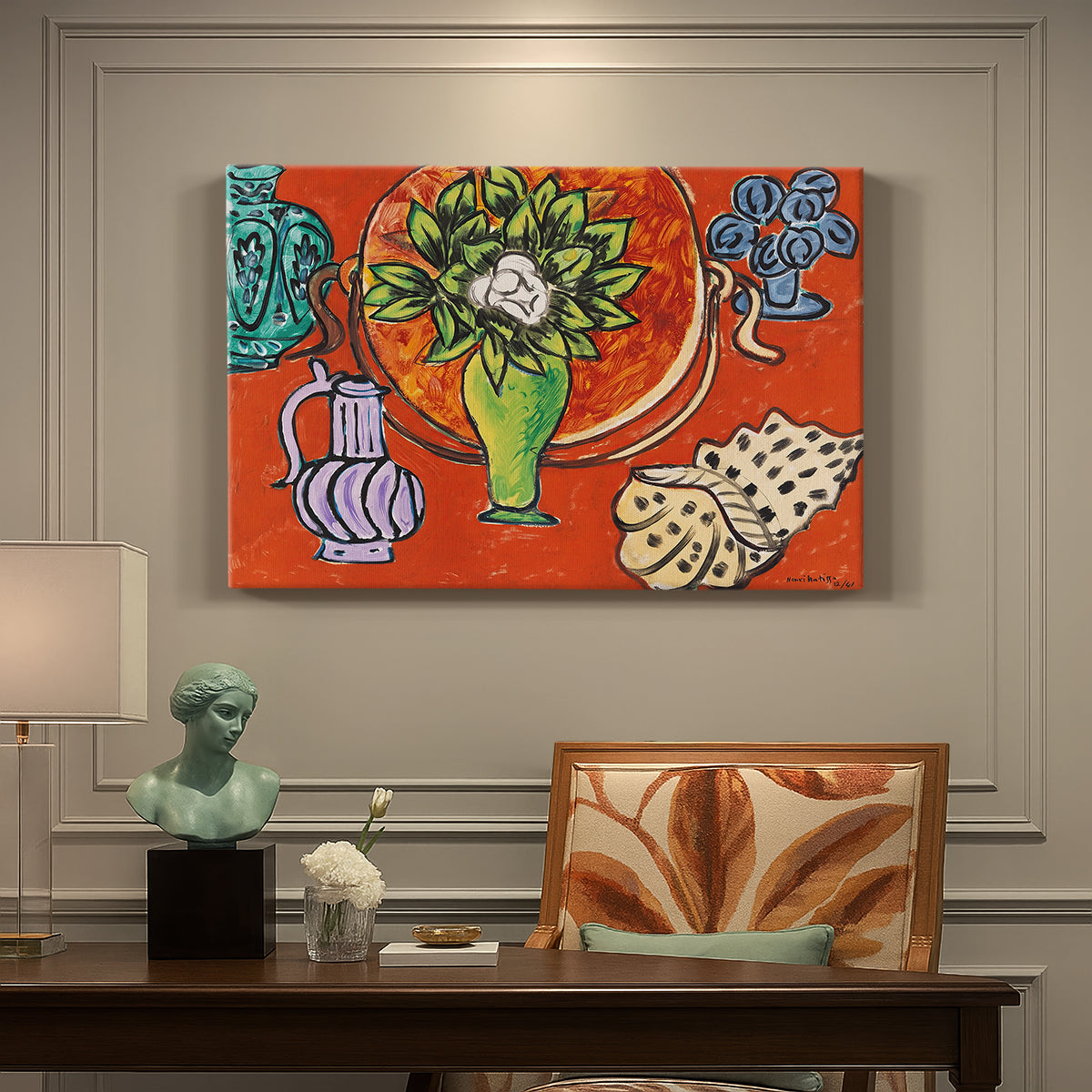 Canvas art print featuring magnolia flowers arranged in a vase within a patterned still life, presented within a refined interior setting