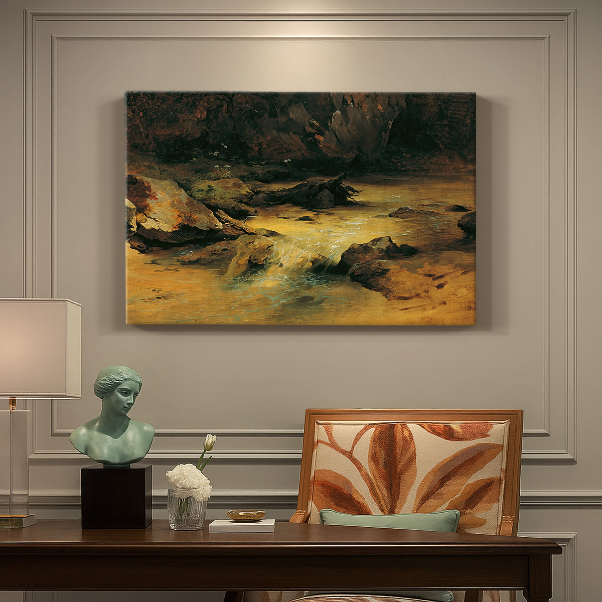 Canvas art print featuring a mountain stream flowing through rocky terrain, presented within a refined interior setting