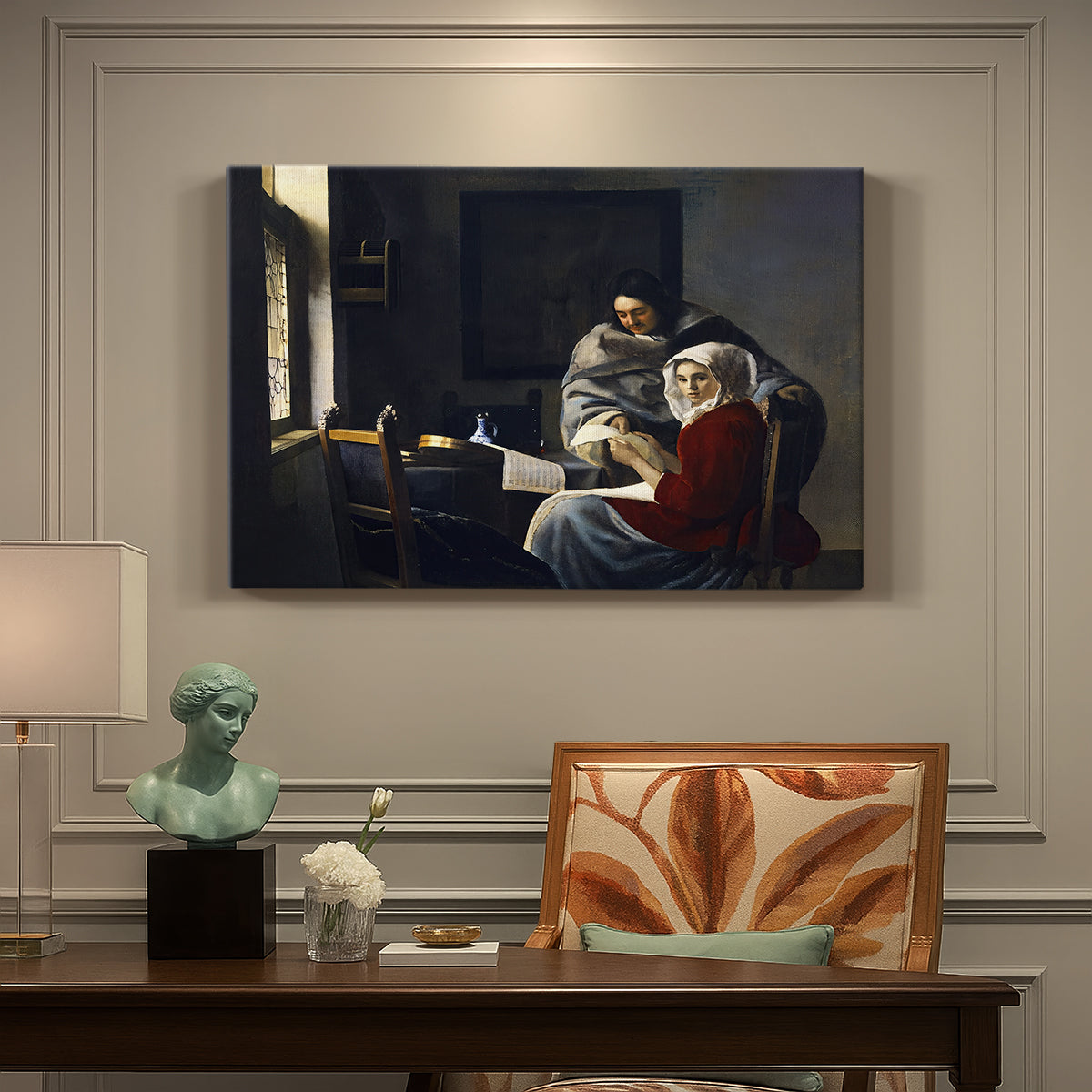 Canvas art print featuring a young woman seated at table interrupted while playing music, presented within a refined interior setting