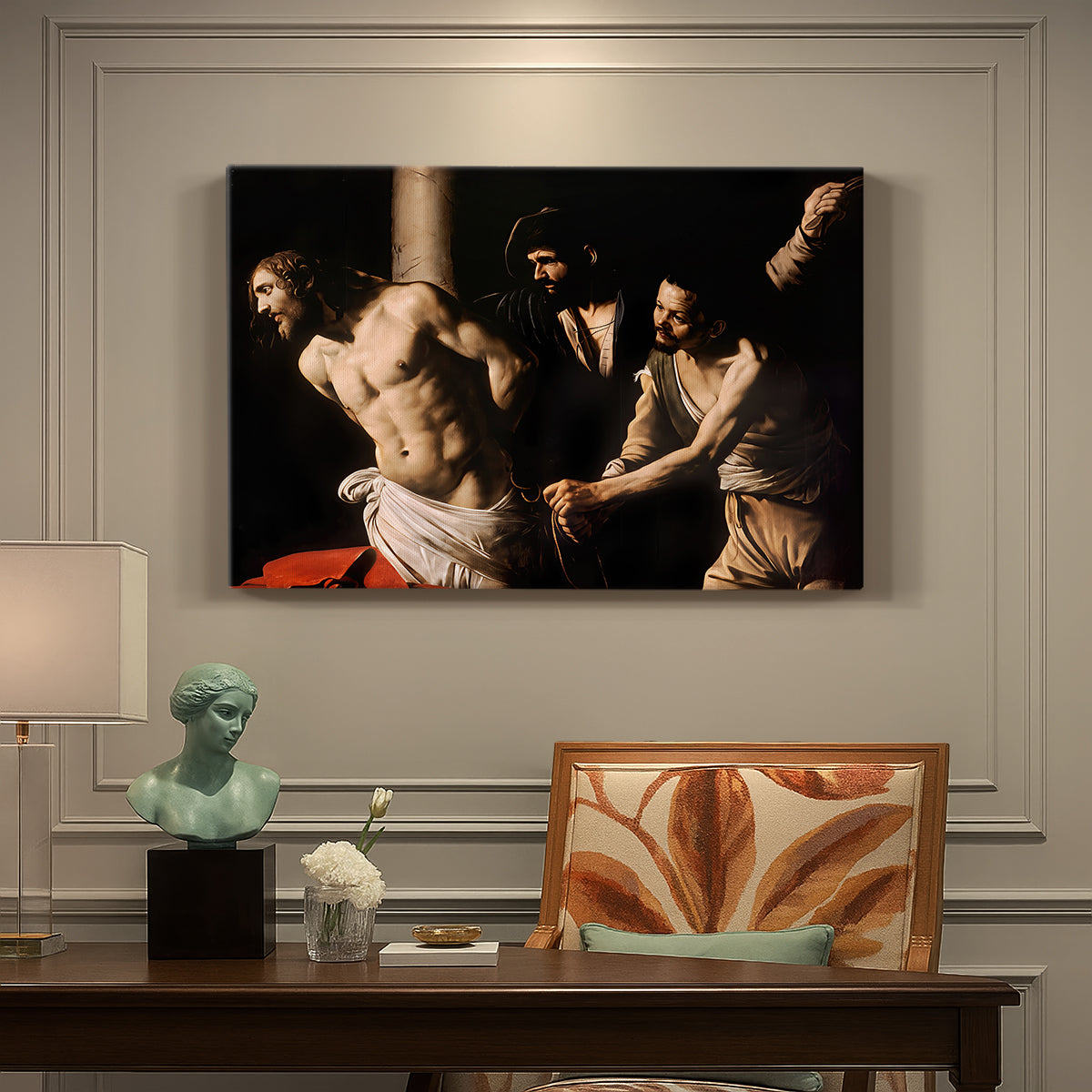 Canvas art print featuring Christ bound to column while being whipped by surrounding figures, presented within a refined interior setting