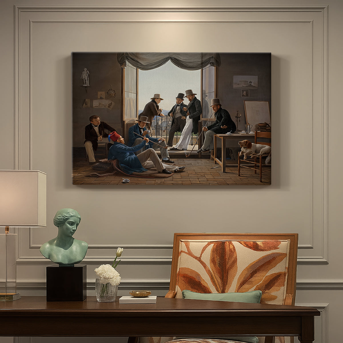 Canvas art print featuring an interior composition filled with figures in festive interaction, presented within a refined interior setting