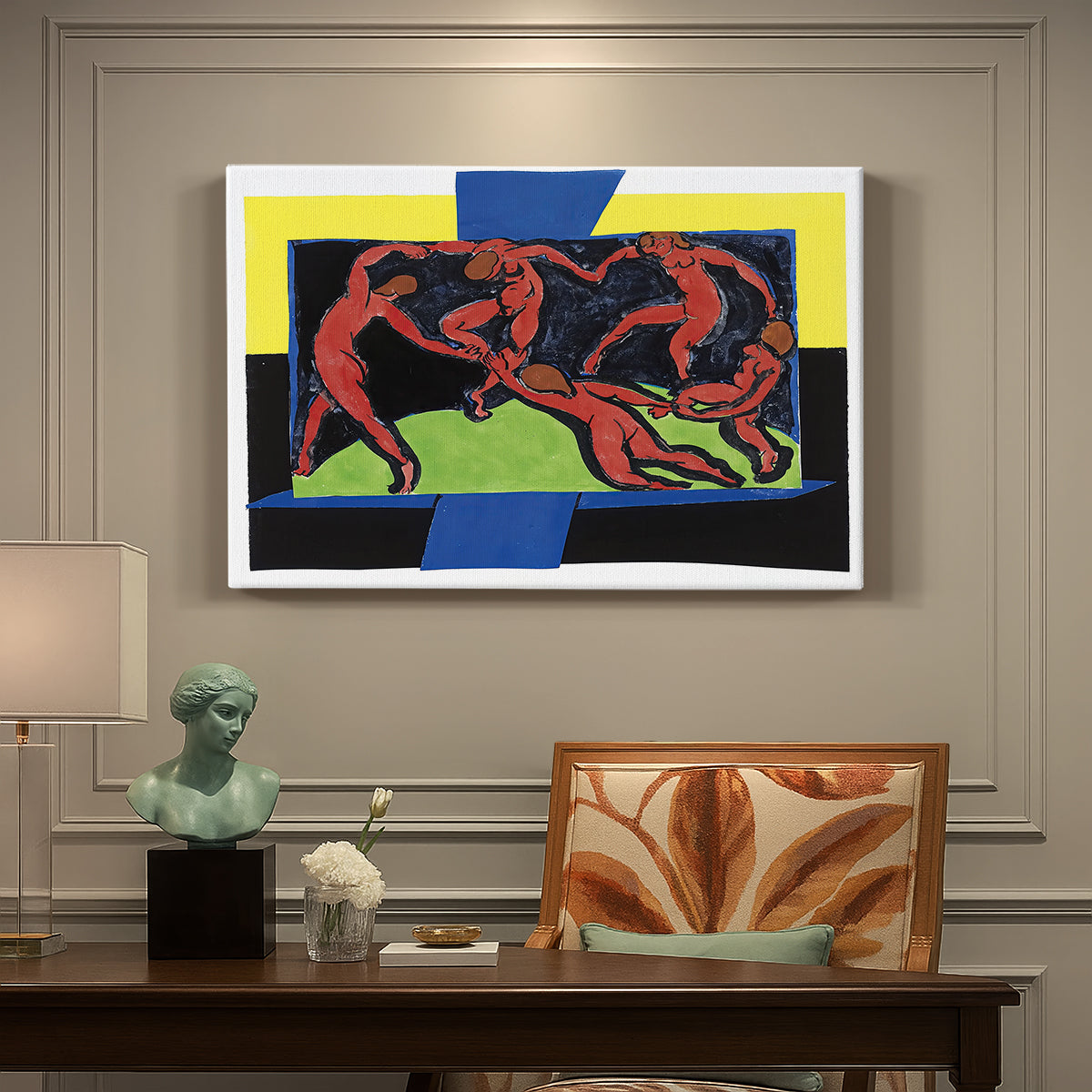 Canvas art print featuring a group of figures holding hands dancing in circular motion against bold background, presented within a refined interior setting