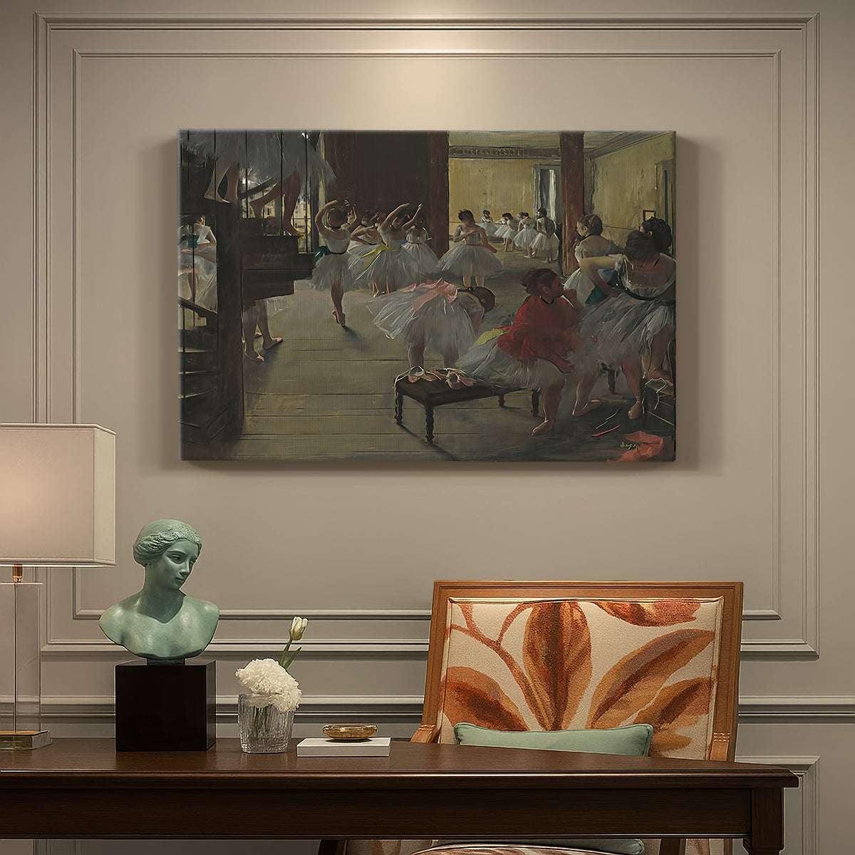 Canvas art print featuring ballerinas practicing in studio with instructor observing nearby, presented within a refined interior setting