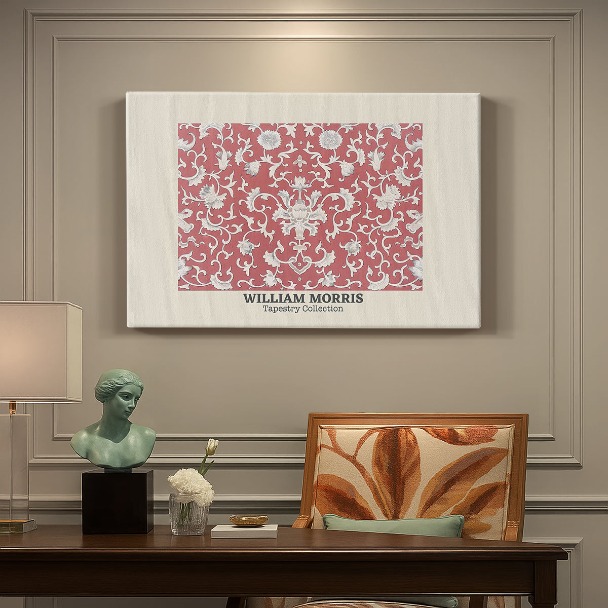 Canvas art print featuring a repeating floral pattern with dense arrangement of blossoms and leaves, presented within a refined interior setting