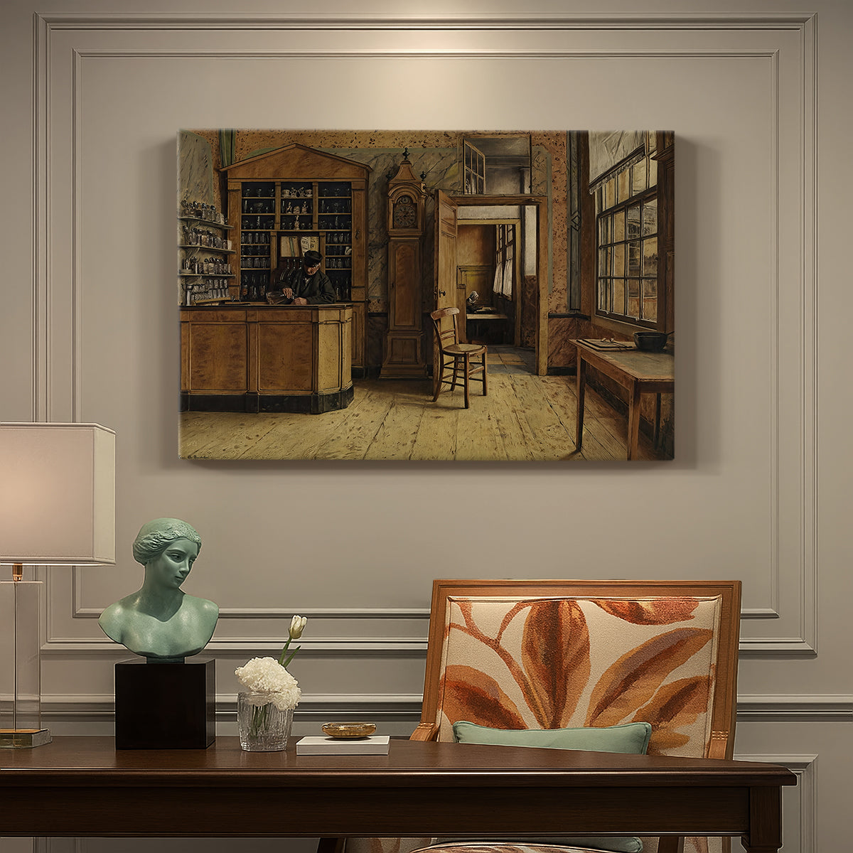 Canvas art print featuring a figure standing inside rustic inn interior with wooden furnishings and doorway, presented within a refined interior setting