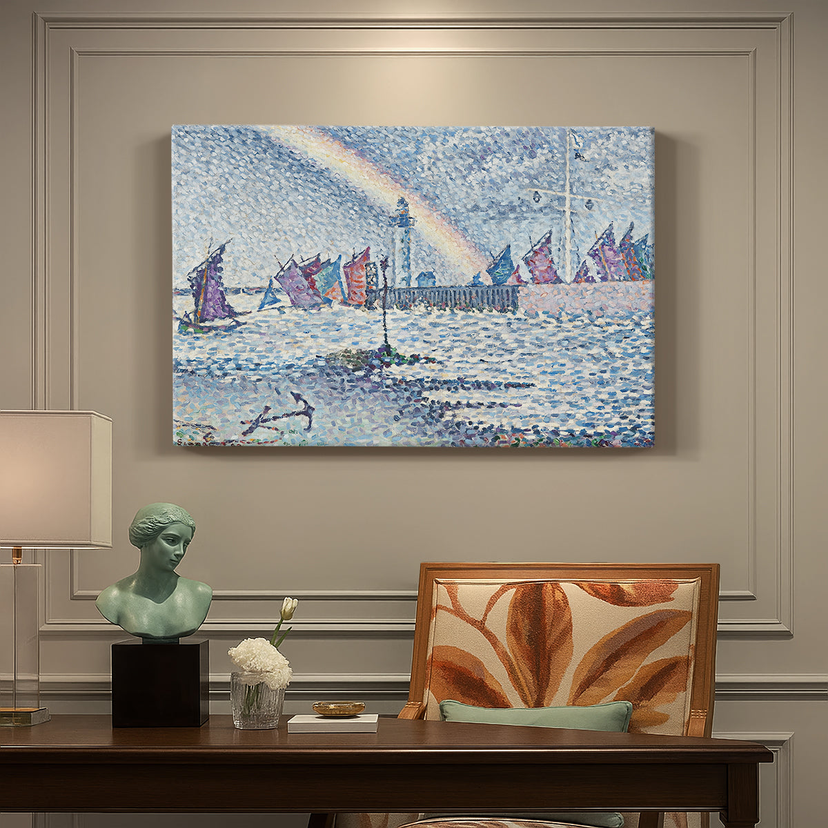 Canvas art print featuring boats entering harbor with buildings, presented within a refined interior setting