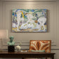 Canvas art print featuring abstracted figures of women bathing in colorful, fragmented landscape, presented within a refined interior setting