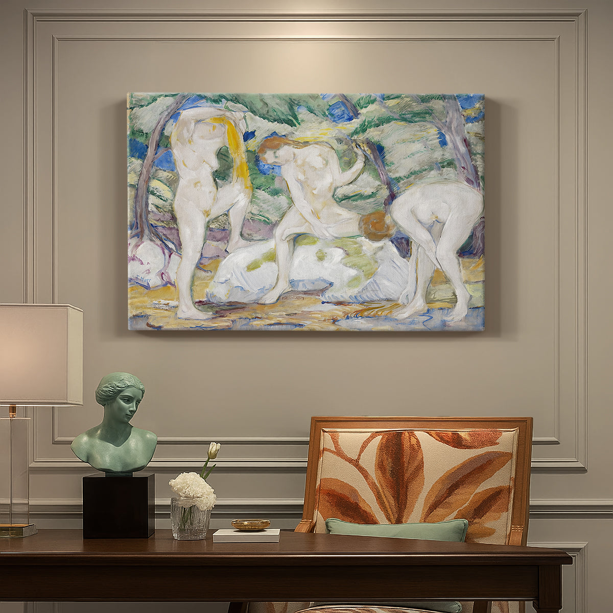 Canvas art print featuring abstracted figures of women bathing in colorful, fragmented landscape, presented within a refined interior setting