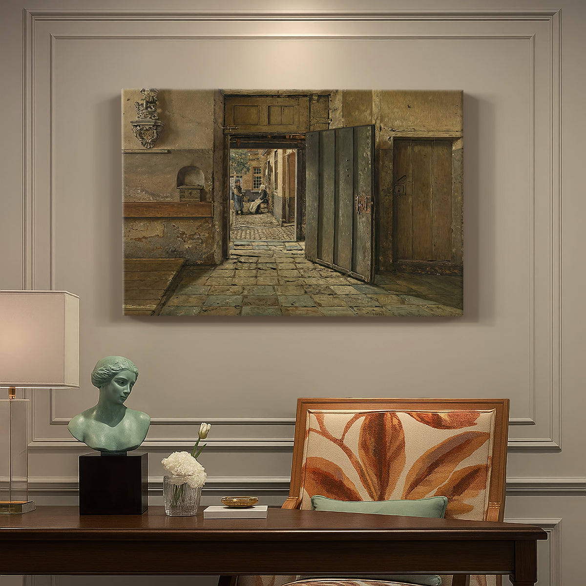 Canvas art print featuring two figures standing in sparse interior engaged in quiet exchange, presented within a refined interior setting