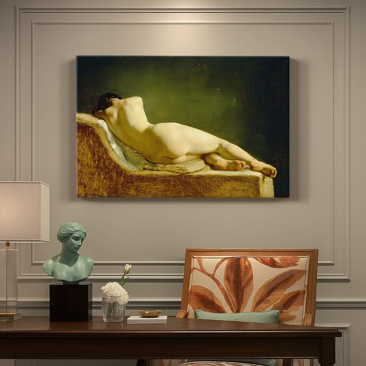 Canvas art print featuring a nude figure lying on couch in relaxed pose within interior setting, presented within a refined interior setting