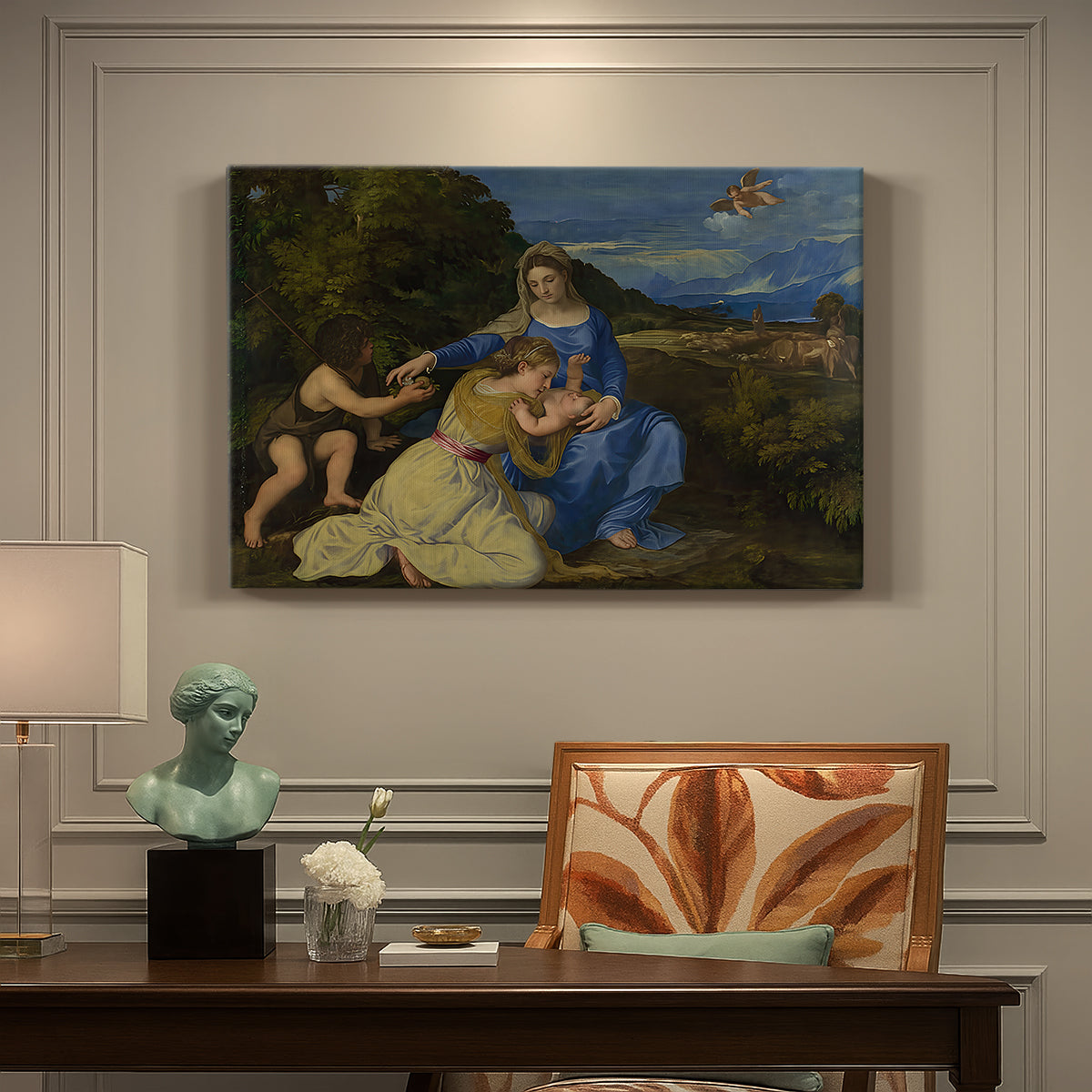 Canvas art print featuring Madonna seated with child in landscape beside soft blue water and sky, presented within a refined interior setting