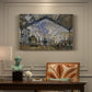 Canvas art print featuring a train station interior filled with steam and locomotives under iron structure, presented within a refined interior setting