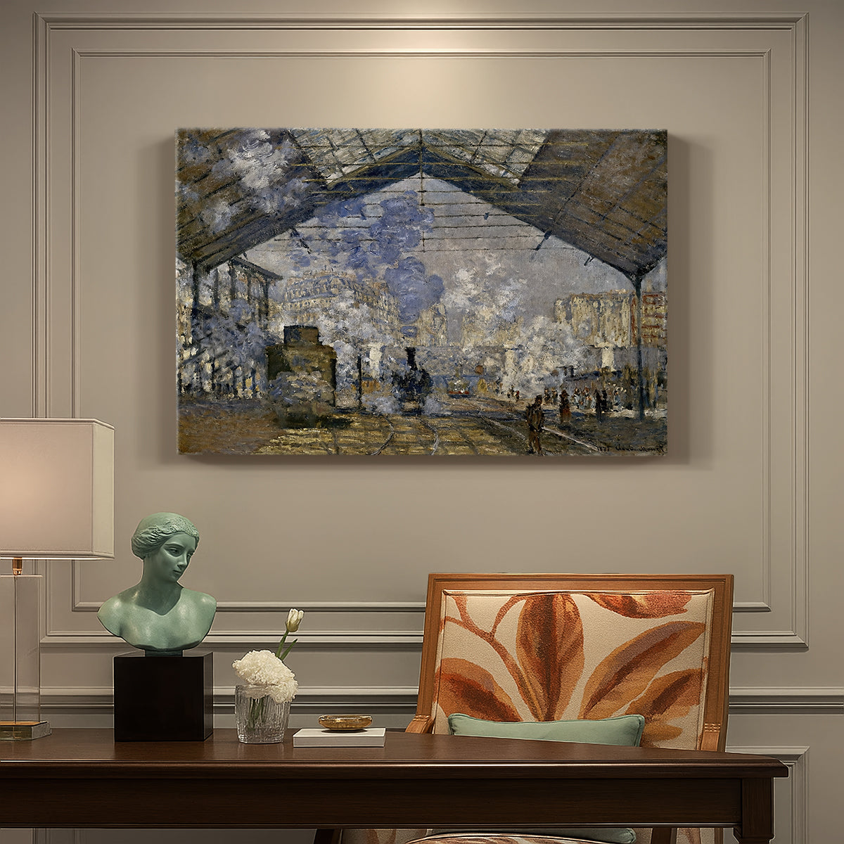 Canvas art print featuring a train station interior filled with steam and locomotives under iron structure, presented within a refined interior setting