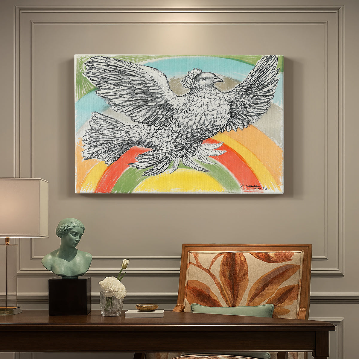 Canvas art print featuring a simplified dove in flight above rainbow arc, presented within a refined interior setting
