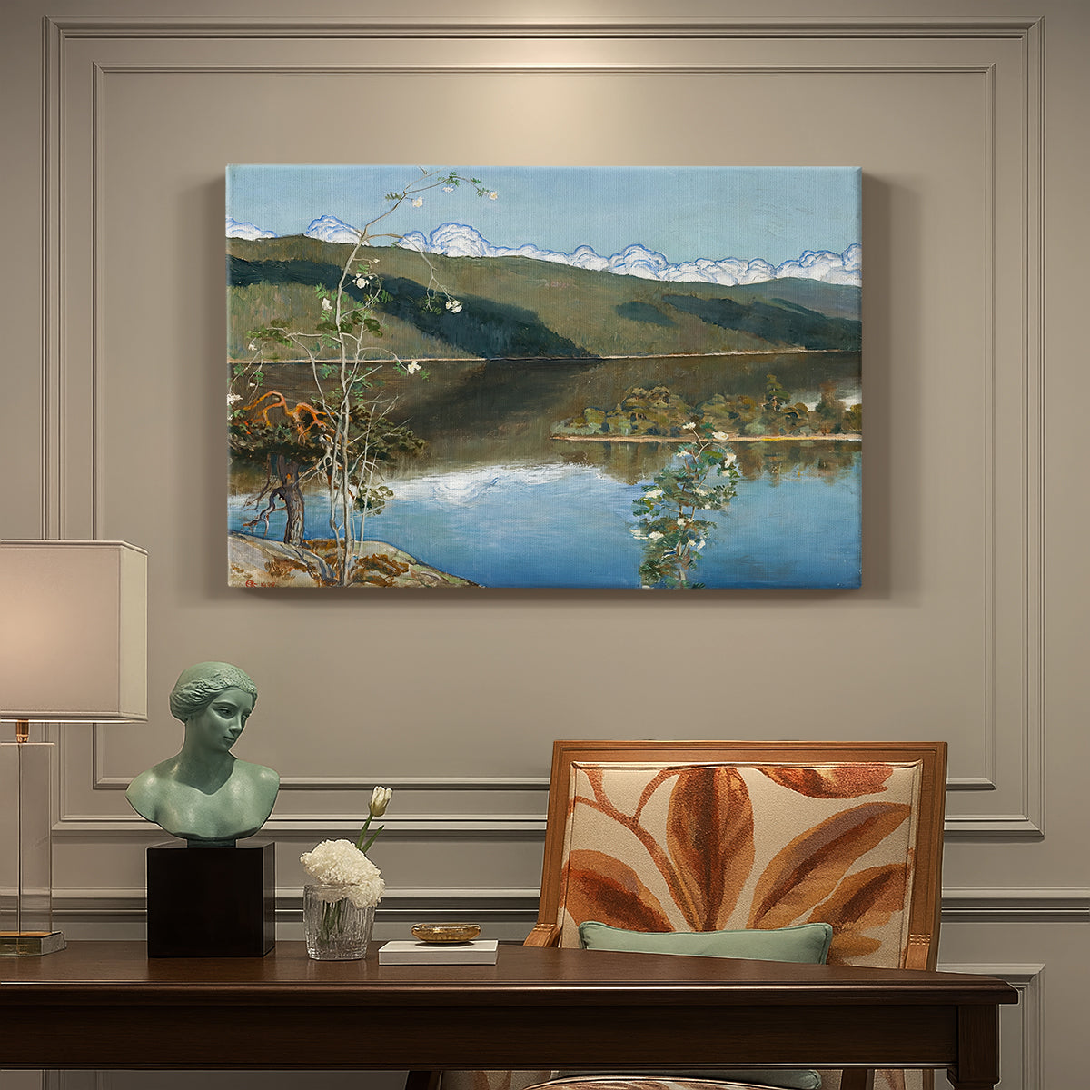 Canvas art print featuring a dramatic landscape with dark thunderclouds forming over distant water and hills, presented within a refined interior setting