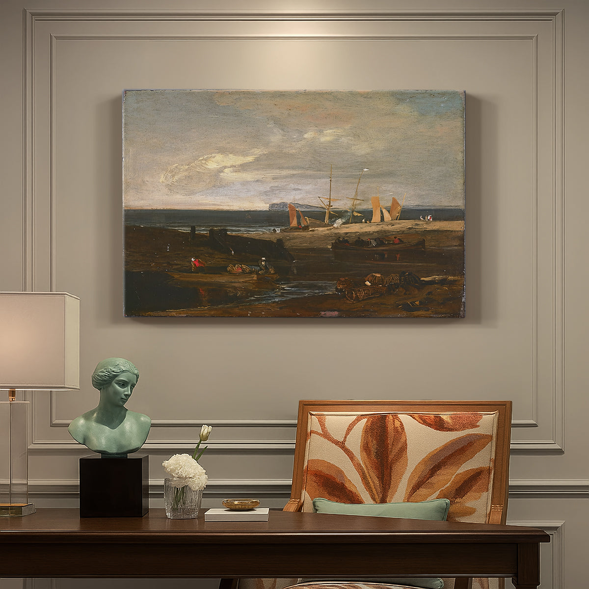 Canvas art print featuring a coastal view with ships and shoreline under sky, presented within a refined interior setting