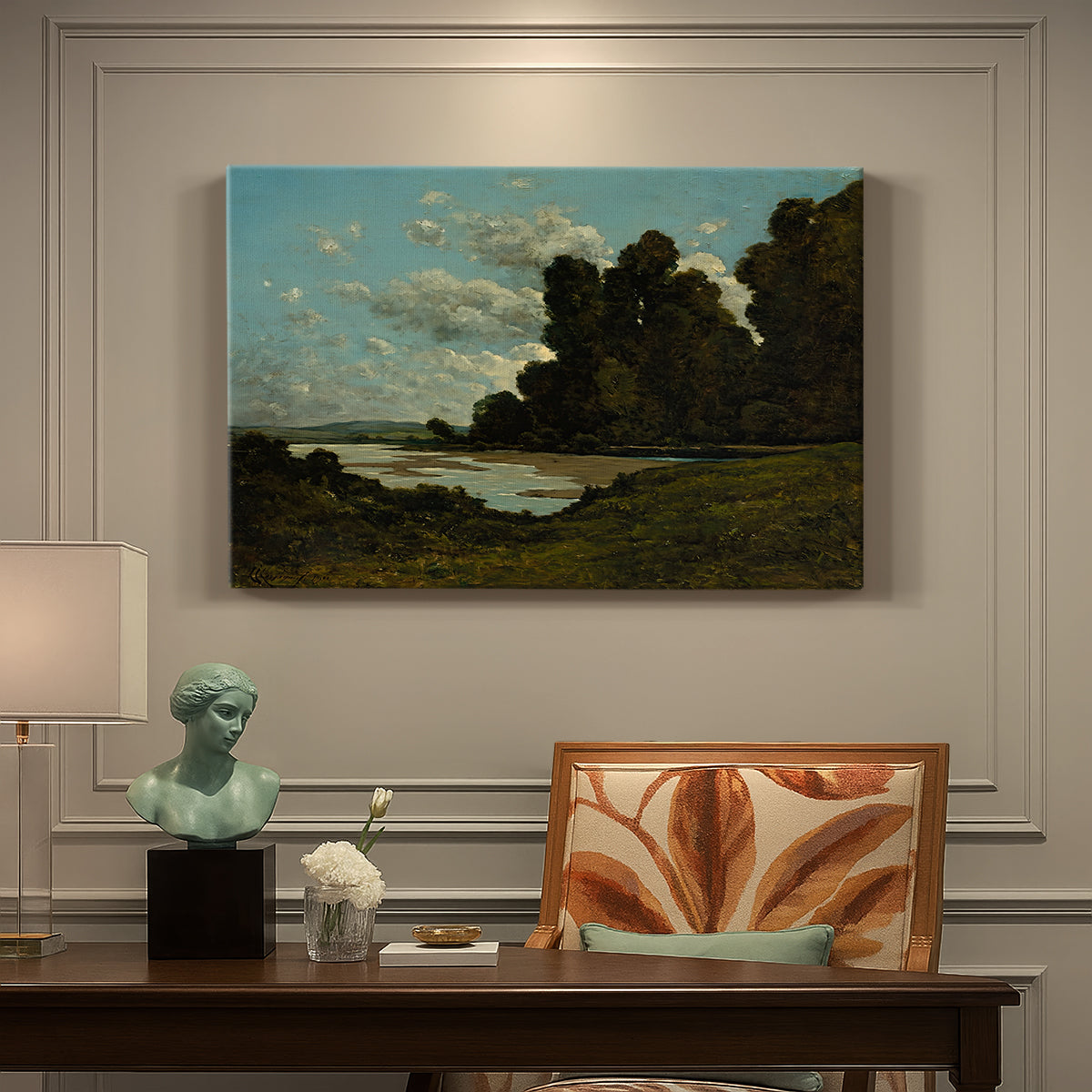 Canvas art print featuring a wide river landscape with distant town and boats under open sky, presented within a refined interior setting