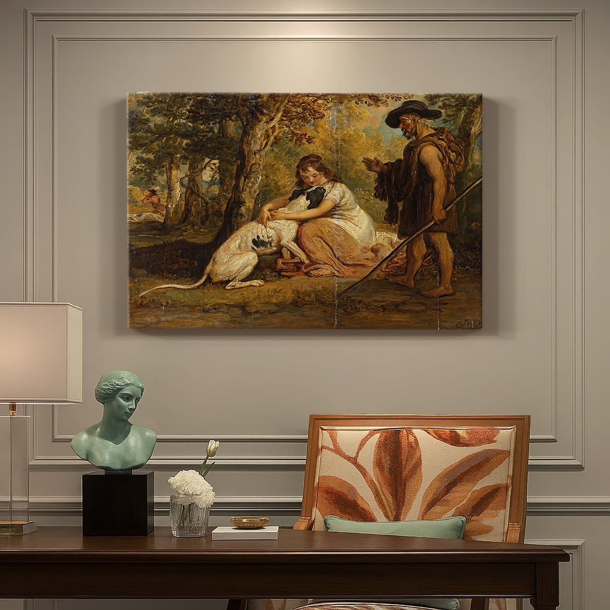 Canvas art print featuring dogs confronting each other in dramatic outdoor scene, presented within a refined interior setting