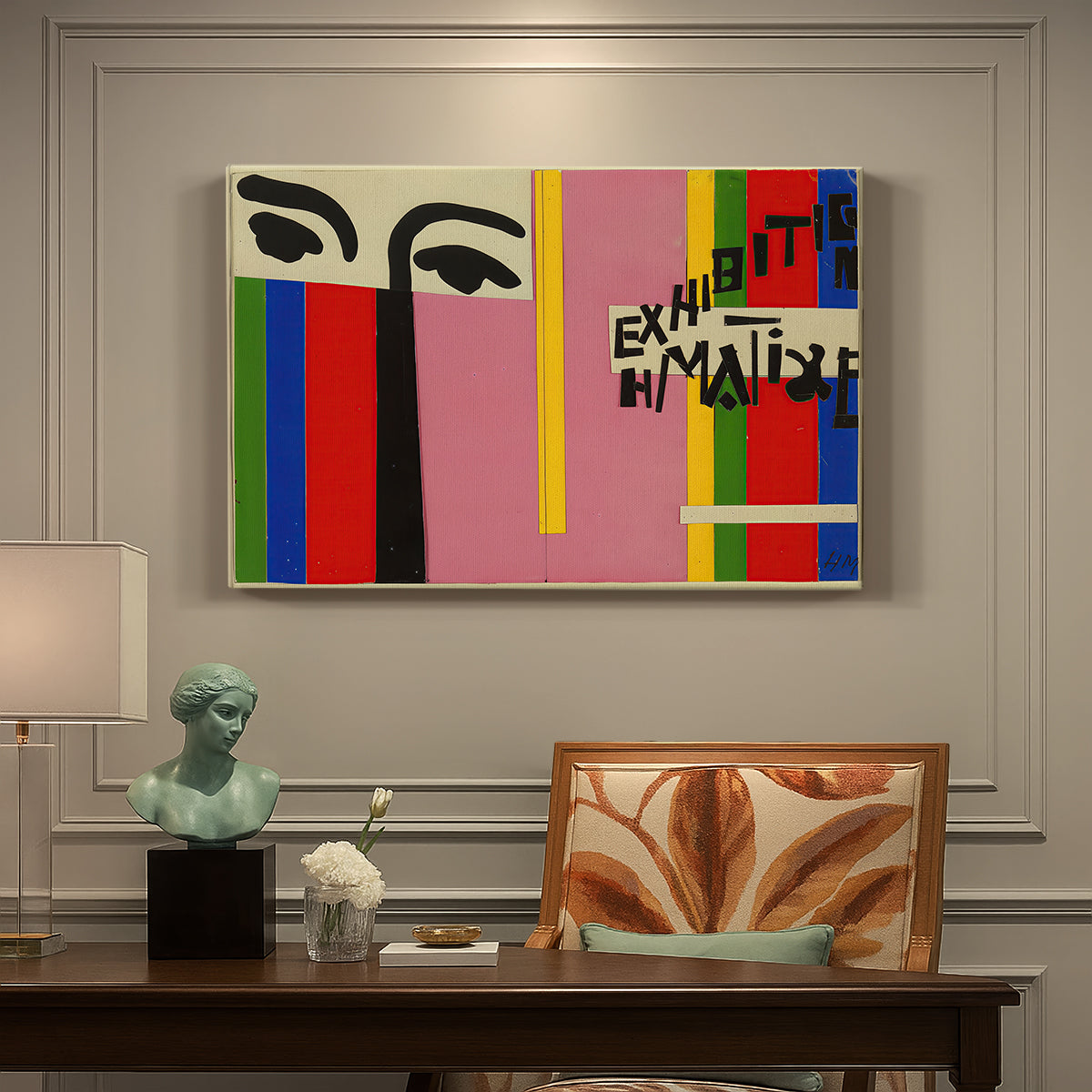 Canvas art print featuring an abstract graphic design with vertical color bands and simplified shapes, presented within a refined interior setting