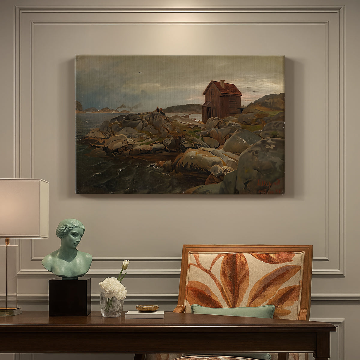 Canvas art print featuring a coastal home near shoreline with boats and surrounding landscape, presented within a refined interior setting