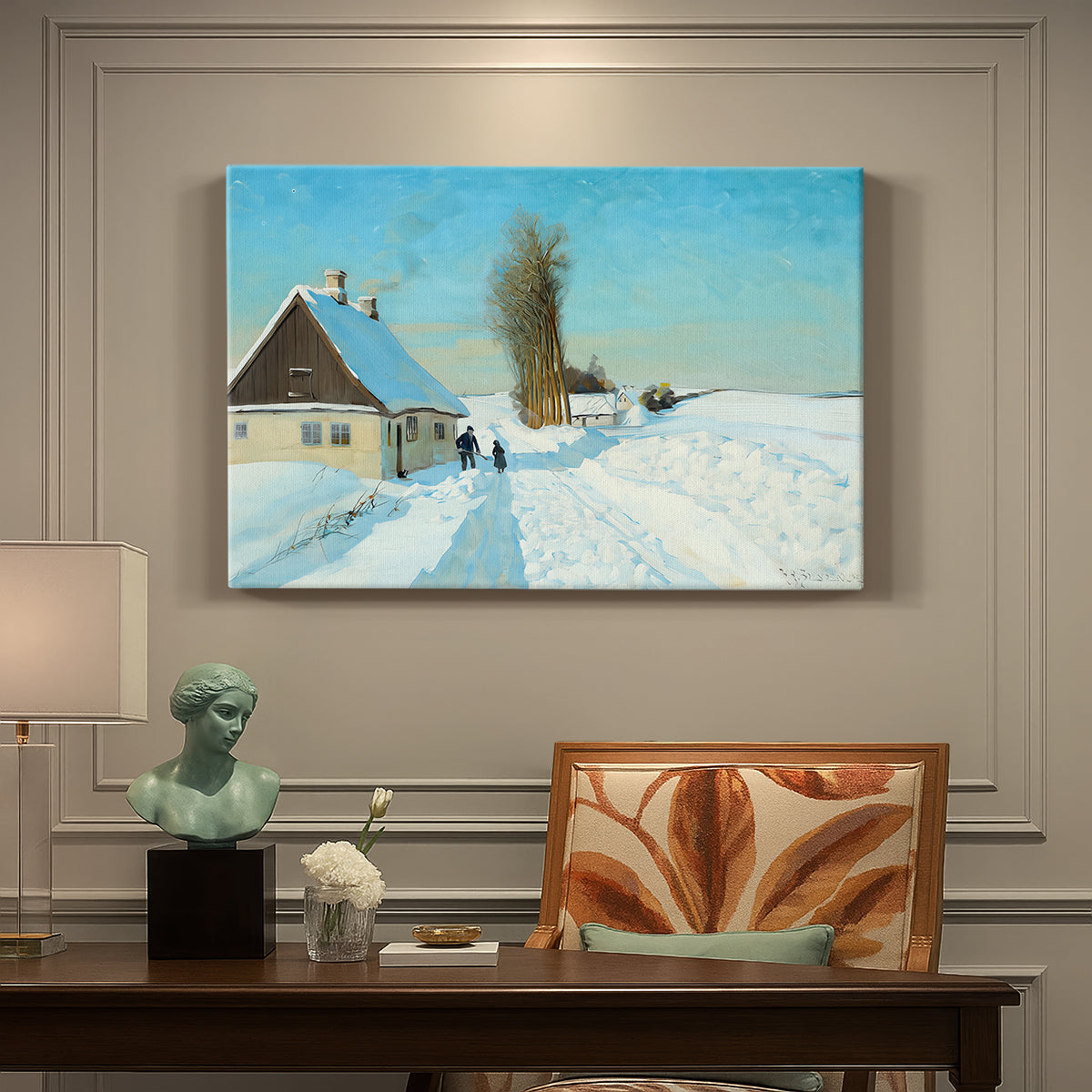 Canvas art print featuring a person shoveling snow outside house in bright winter landscape, presented within a refined interior setting