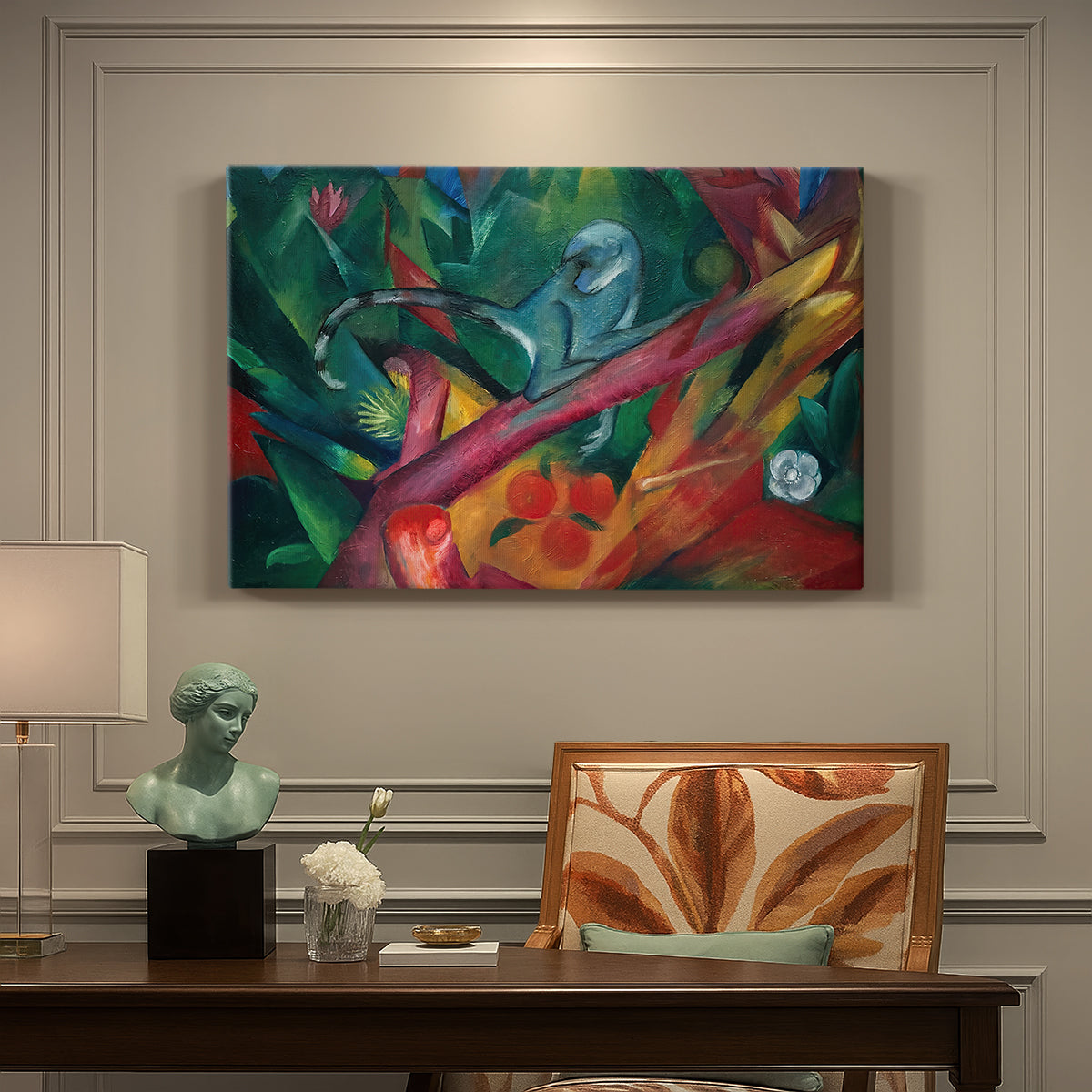 Canvas art print featuring a stylized monkey rendered in bold colors and abstract shapes, presented within a refined interior setting