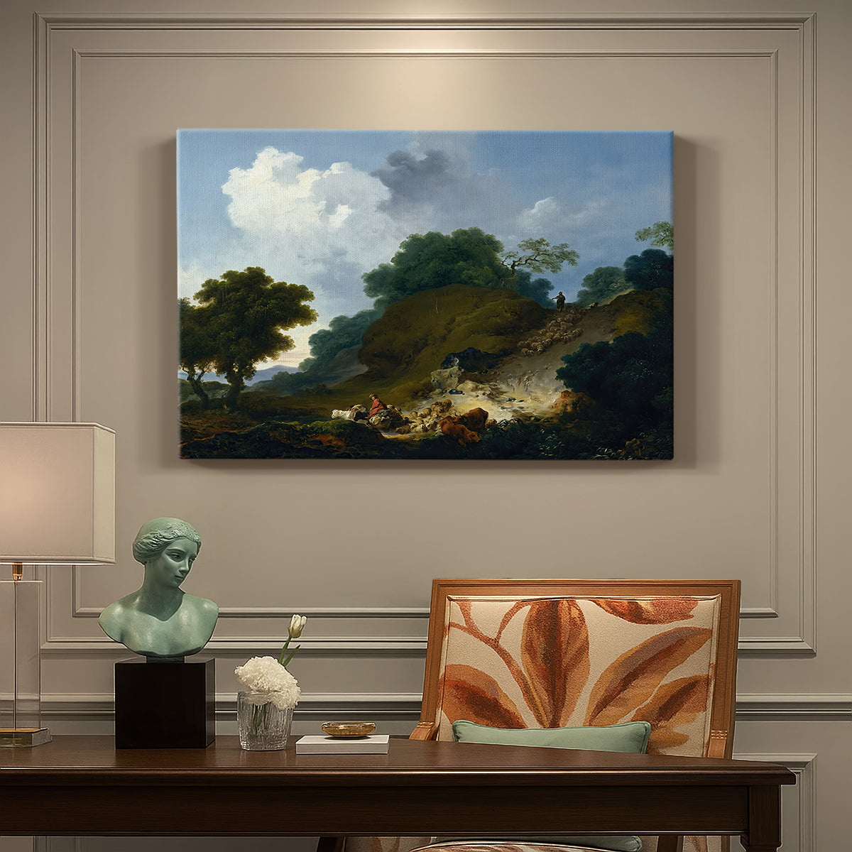 Canvas art print featuring shepherds tending flock of sheep in open pastoral landscape, presented within a refined interior setting