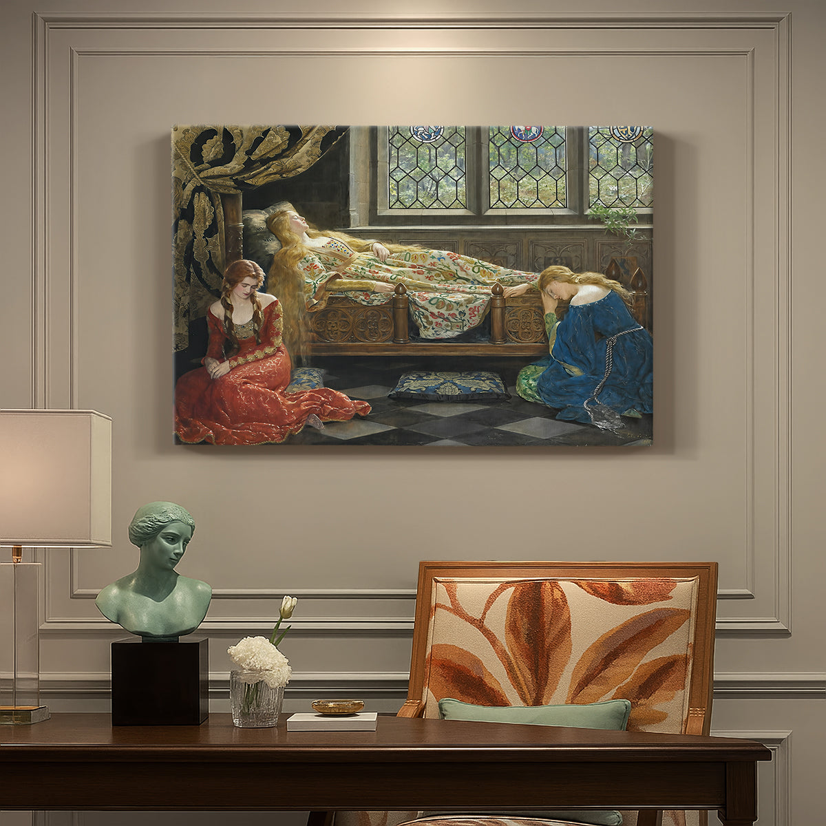 Canvas art print featuring a reclining female figure indoors in decorative setting, presented within a refined interior setting