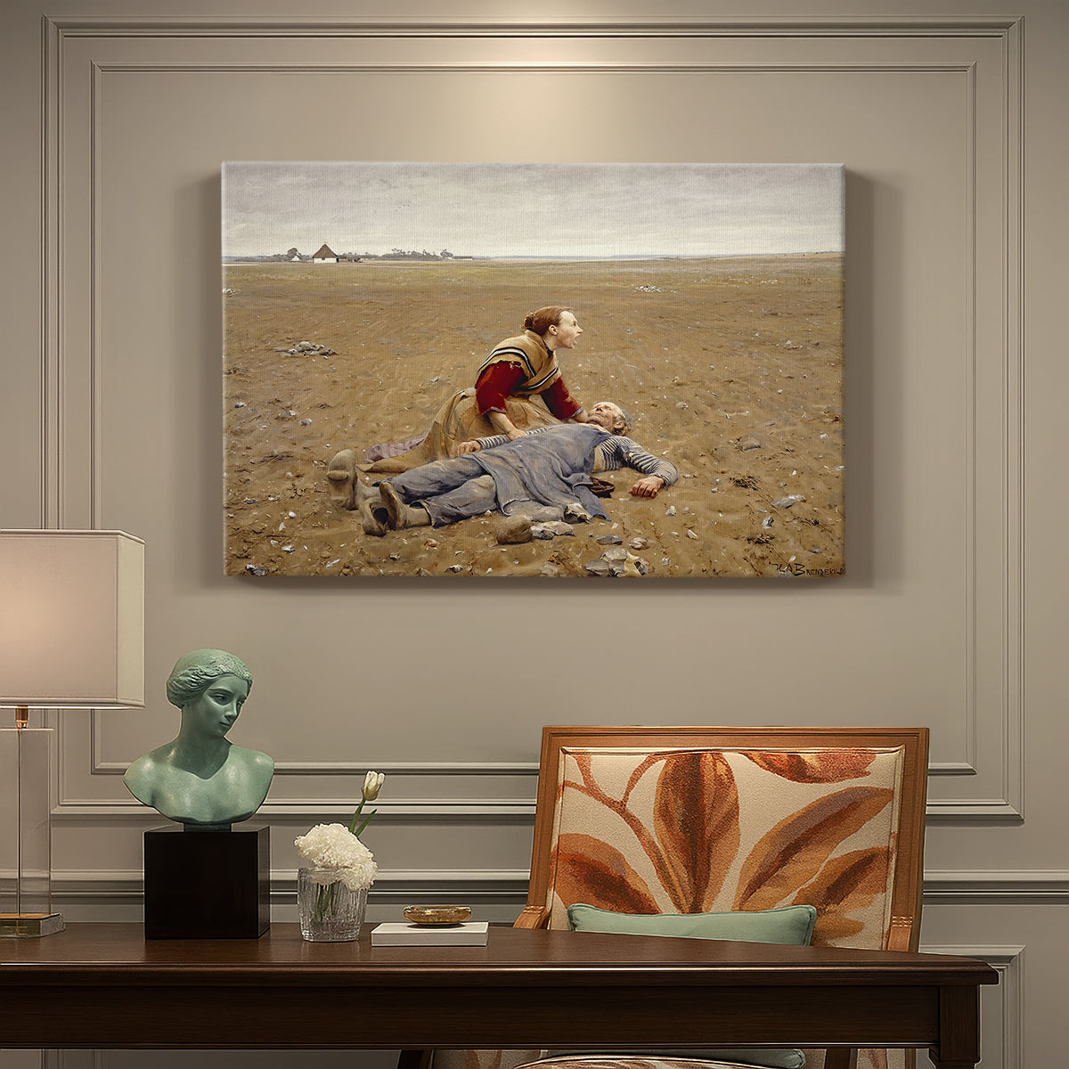 Canvas art print featuring an exhausted figure resting on ground in open rural landscape, presented within a refined interior setting