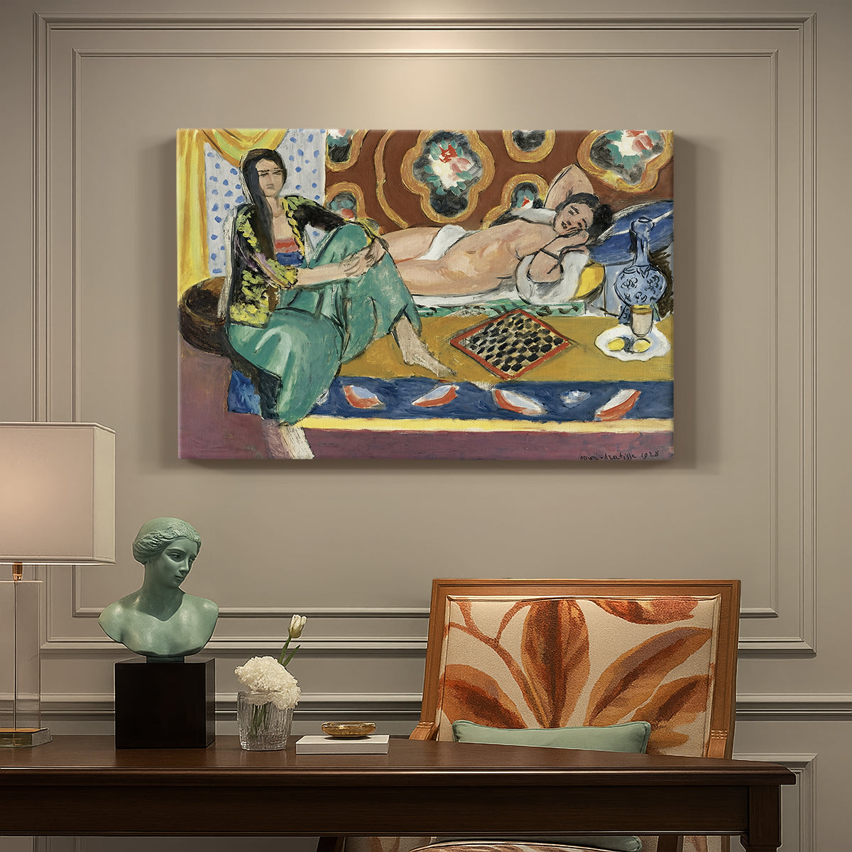 Canvas art print featuring two women seated indoors playing checkers in a colorful room, presented within a refined interior setting