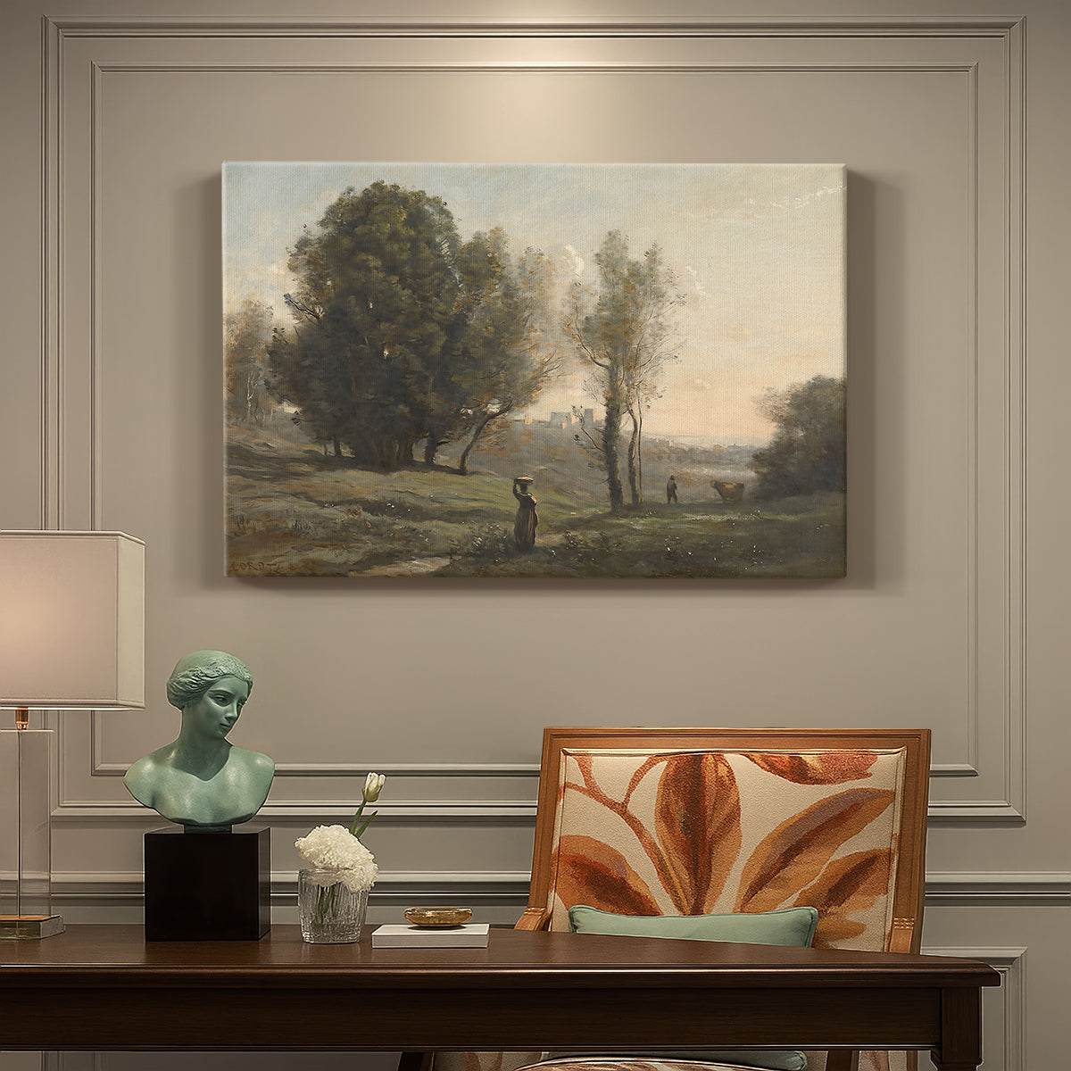 Canvas art print featuring an expansive landscape with sparse trees and open ground under soft light, presented within a refined interior setting
