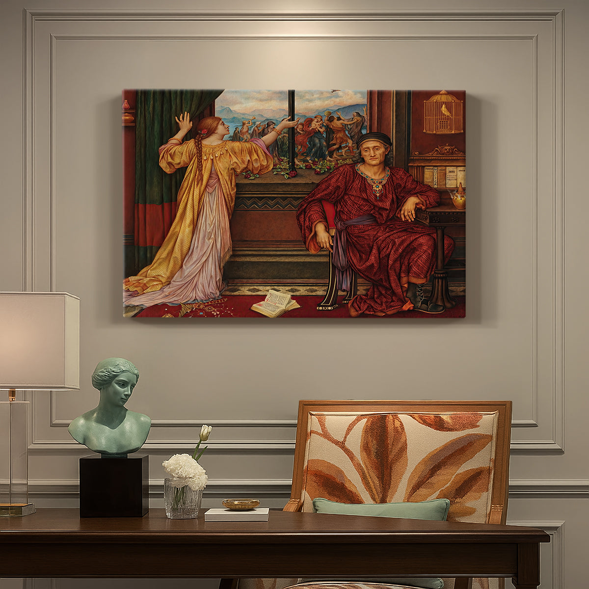 Canvas art print featuring a woman seated inside ornate interior symbolizing confinement and luxury, presented within a refined interior setting