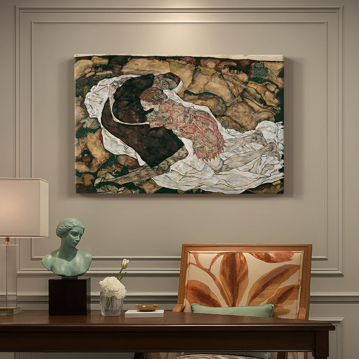 Canvas art print featuring intertwined figures representing death and woman in emotional embrace, presented within a refined interior setting
