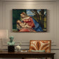Canvas art print featuring a Madonna cradling child in close devotional scene with rich blue and red garments, presented within a refined interior setting