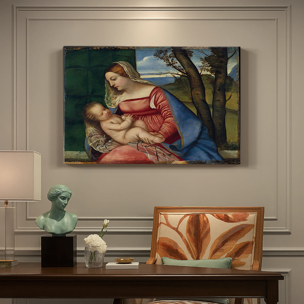 Canvas art print featuring a Madonna cradling child in close devotional scene with rich blue and red garments, presented within a refined interior setting