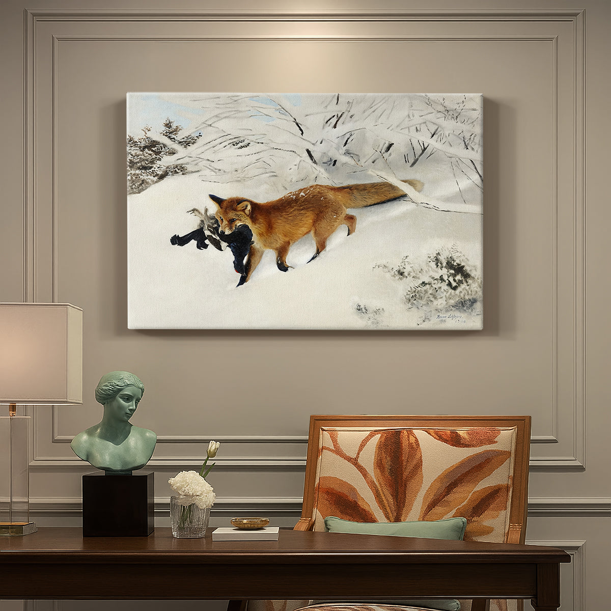 Canvas art print featuring a fox running across snowy landscape with sparse vegetation, presented within a refined interior setting
