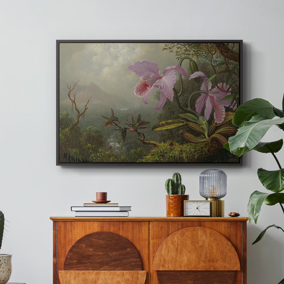 Two Sun Angel Hummingbirds on a Branch, c. 1890-1904 - Floater Framed Canvas Print