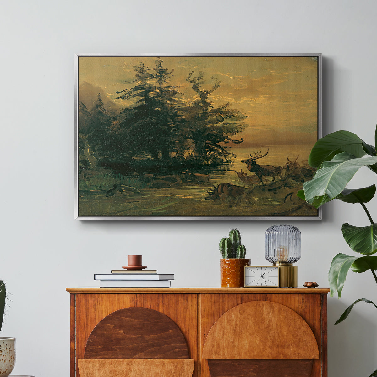 Wallowing Deer on the Shore of a Mountain Lake, c. 1850 - Floater Framed Canvas Print