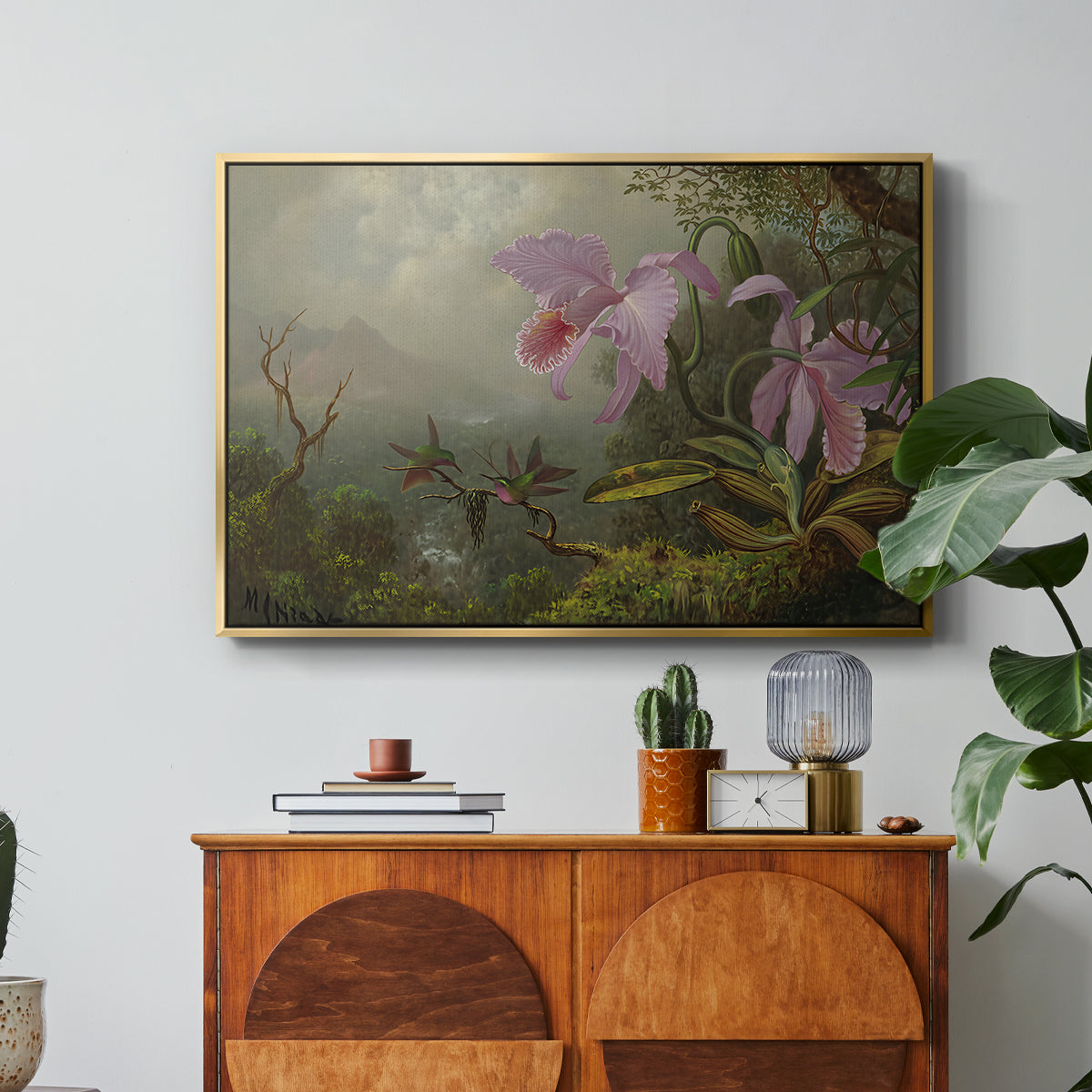 Two Sun Angel Hummingbirds on a Branch, c. 1890-1904 - Floater Framed Canvas Print