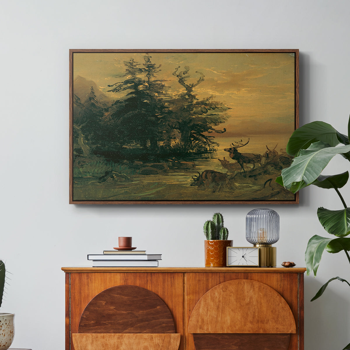 Wallowing Deer on the Shore of a Mountain Lake, c. 1850 - Floater Framed Canvas Print
