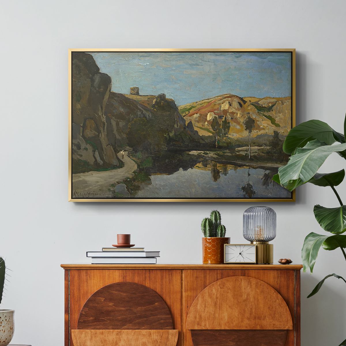 River Landscape with Cliffs, c. 1850-1860 - Floater Framed Canvas Print