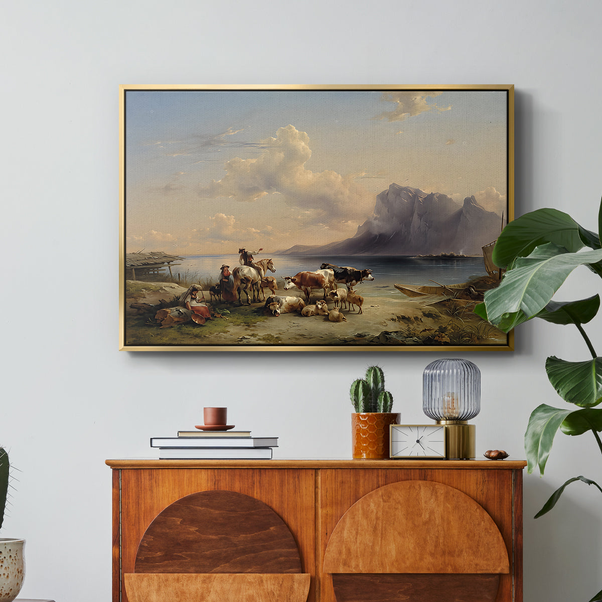 Shepherds and Cattle on Lake Attersee, 1852 - Floater Framed Canvas Print