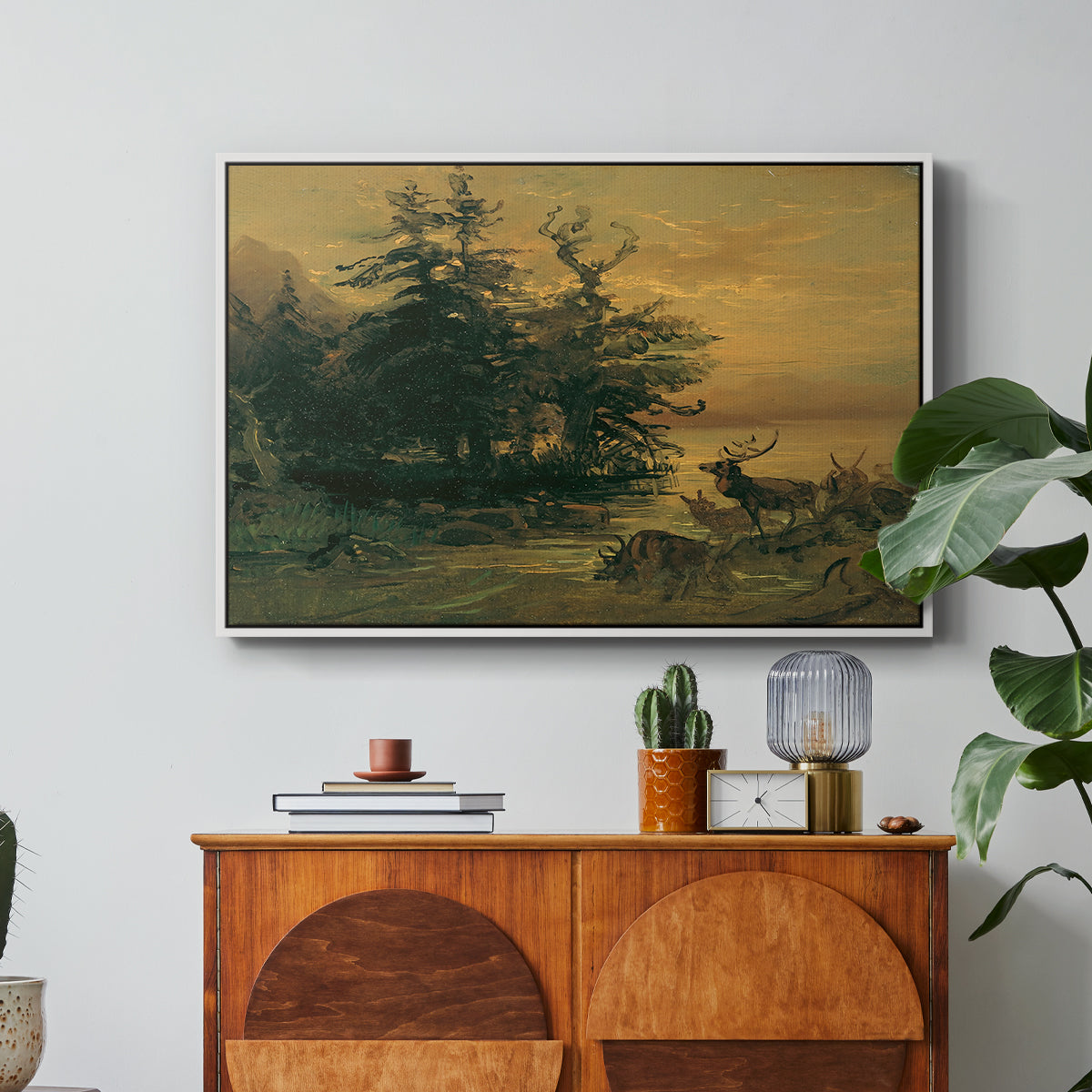 Wallowing Deer on the Shore of a Mountain Lake, c. 1850 - Floater Framed Canvas Print