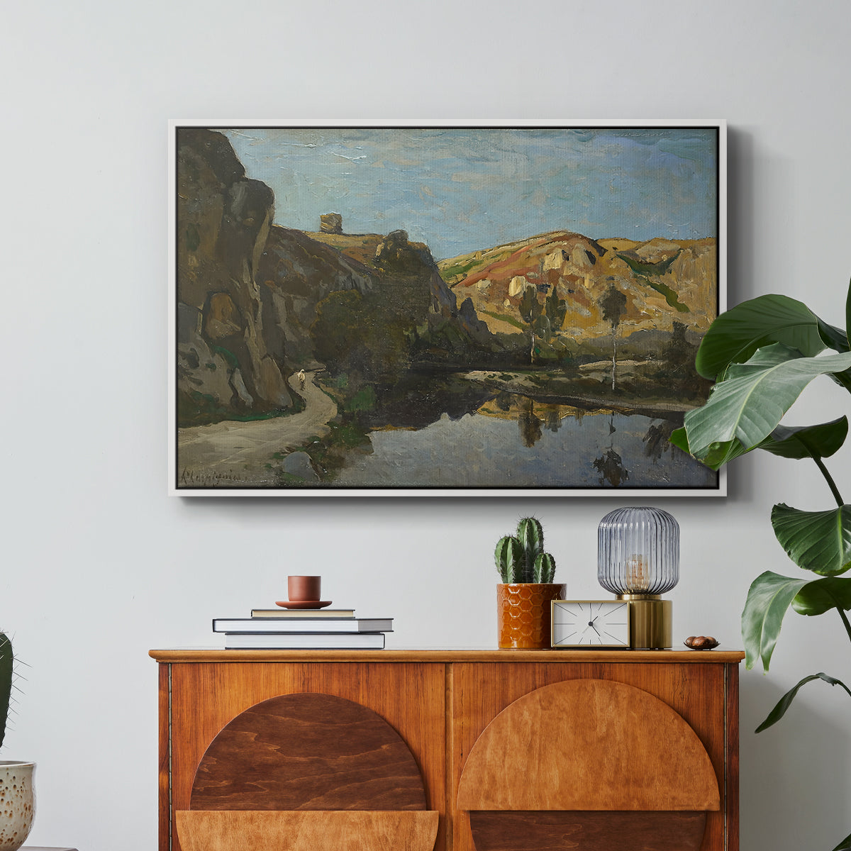 River Landscape with Cliffs, c. 1850-1860 - Floater Framed Canvas Print