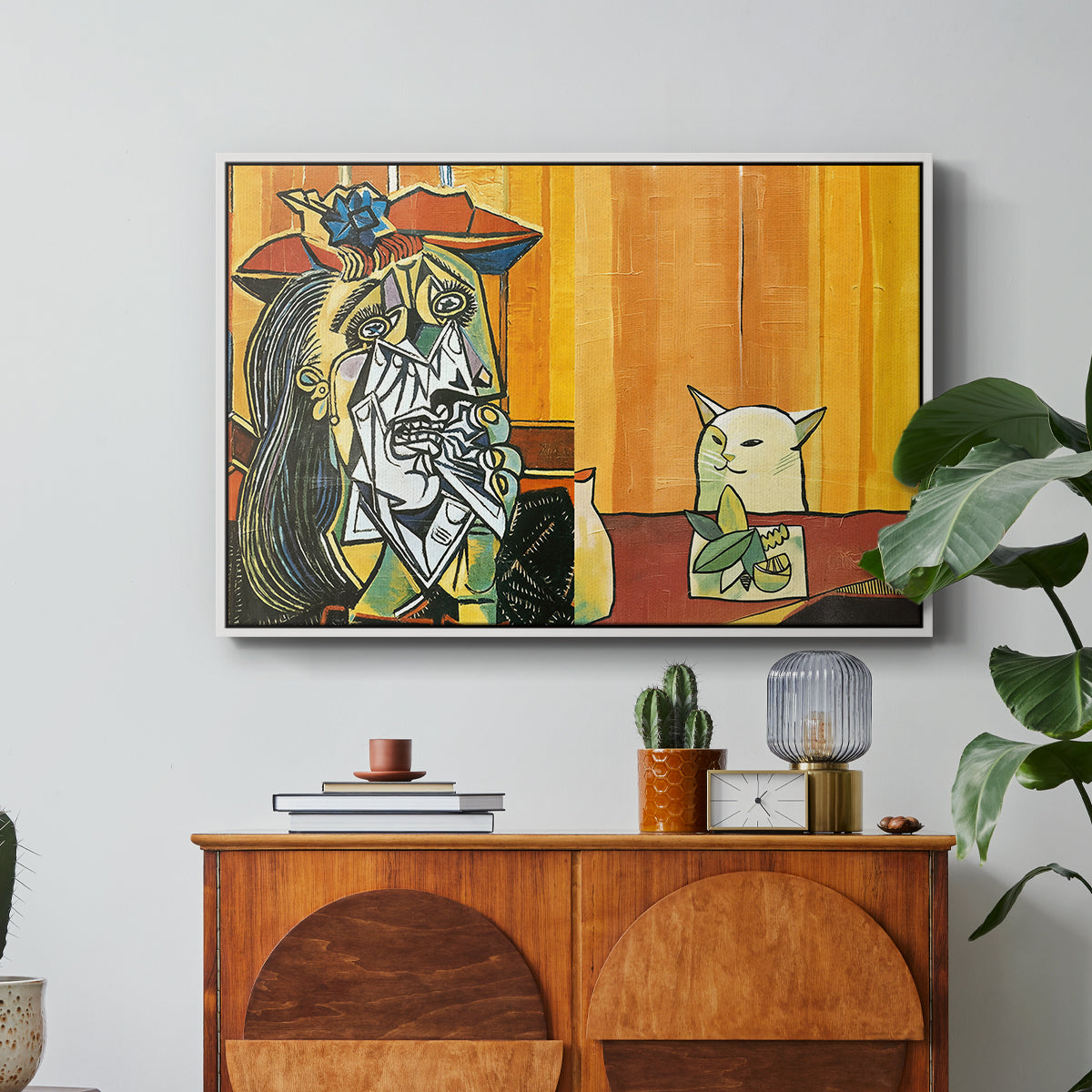 Woman Yelling at a Cat Meme (Picasso Parody) - Floater Framed Canvas Print